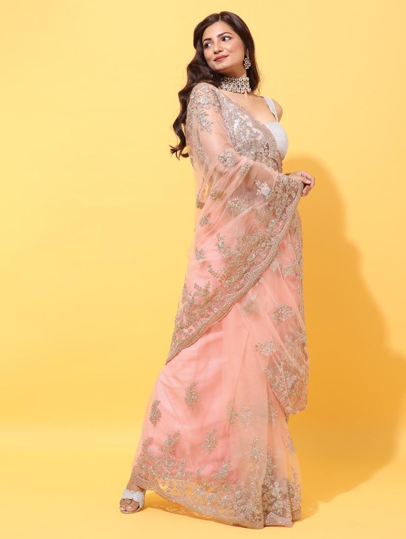 peach net embroidered saree with blouse - 18322896 - Zoom Image - 2