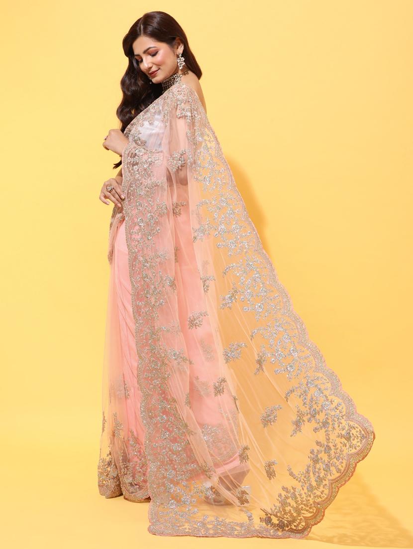 peach net embroidered saree with blouse - 18322896 - Zoom Image - 3