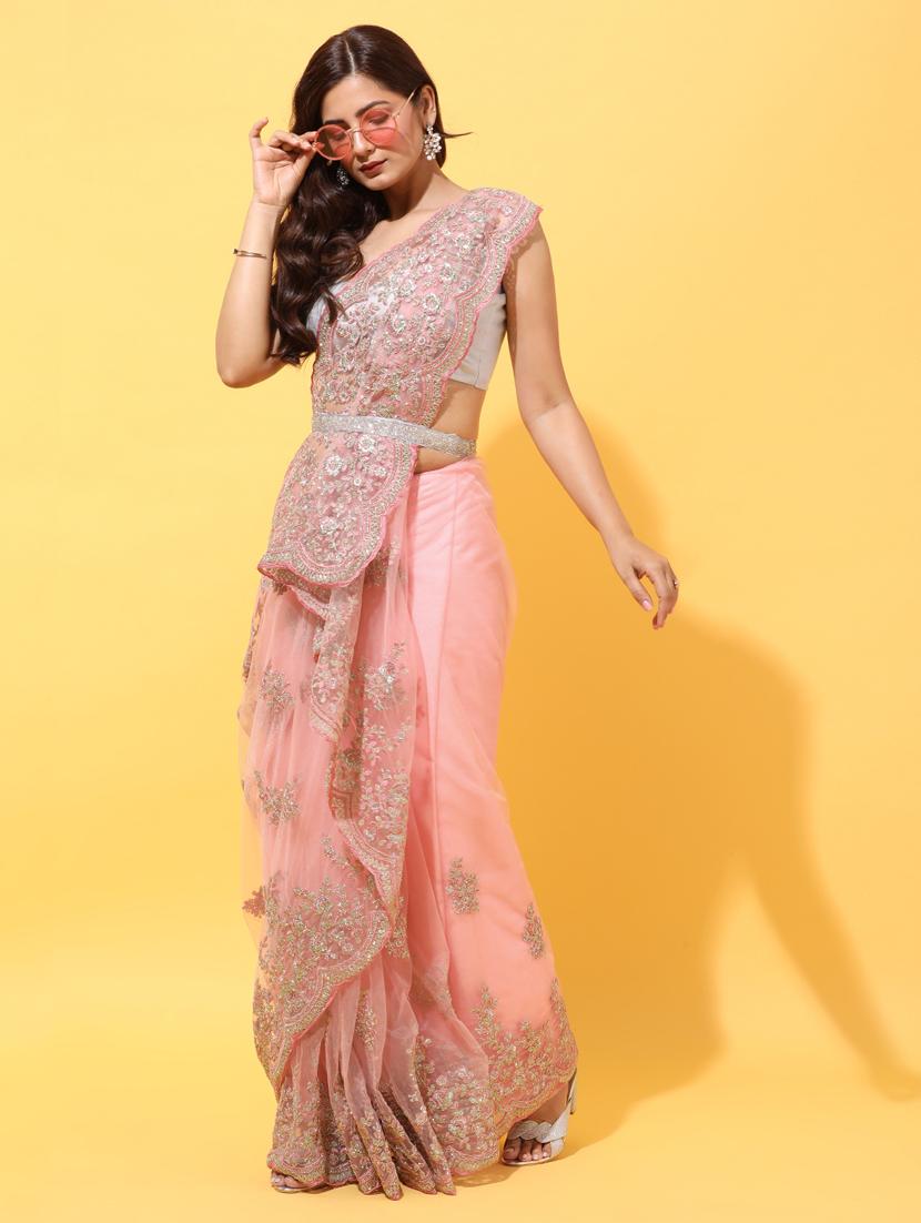 pink net embroidered saree with blouse - 18322897 - Zoom Image - 1