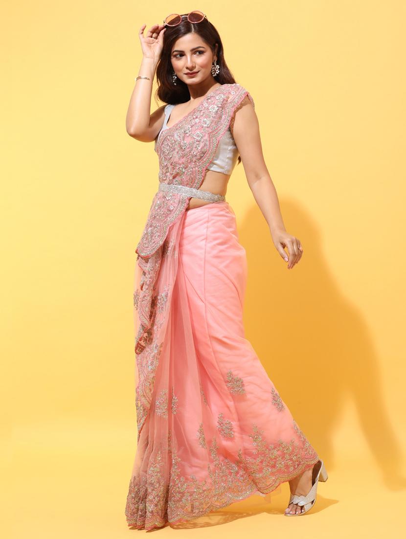 pink net embroidered saree with blouse - 18322897 - Zoom Image - 2