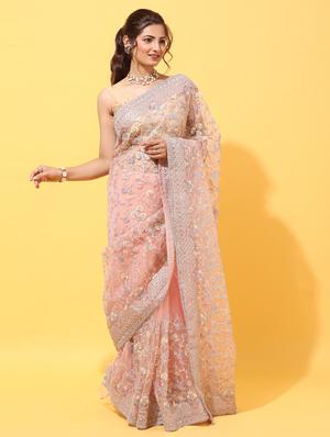 peach net embroidered saree with blouse - 18322935 - Standard Image - 2