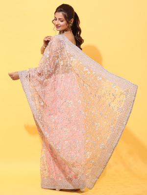 peach net embroidered saree with blouse - 18322935 - Standard Image - 3