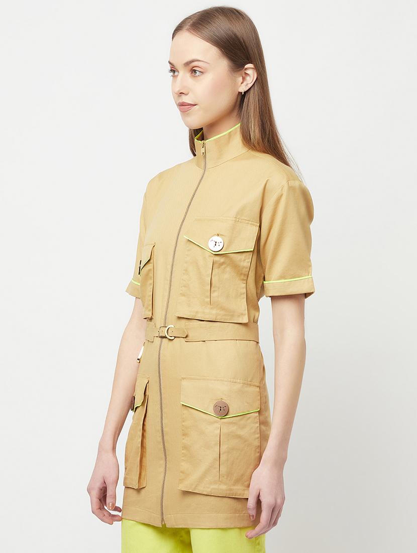 stand collar solid long shirt - 18324823 - Zoom Image - 2