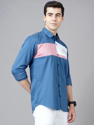 light-blue color-blocked casual shirt - 18325007 - Standard Image - 2