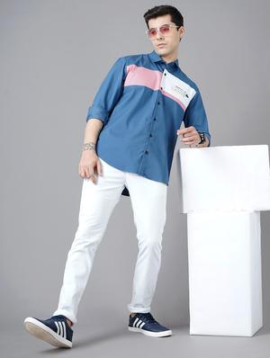 light-blue color-blocked casual shirt - 18325007 - Standard Image - 4
