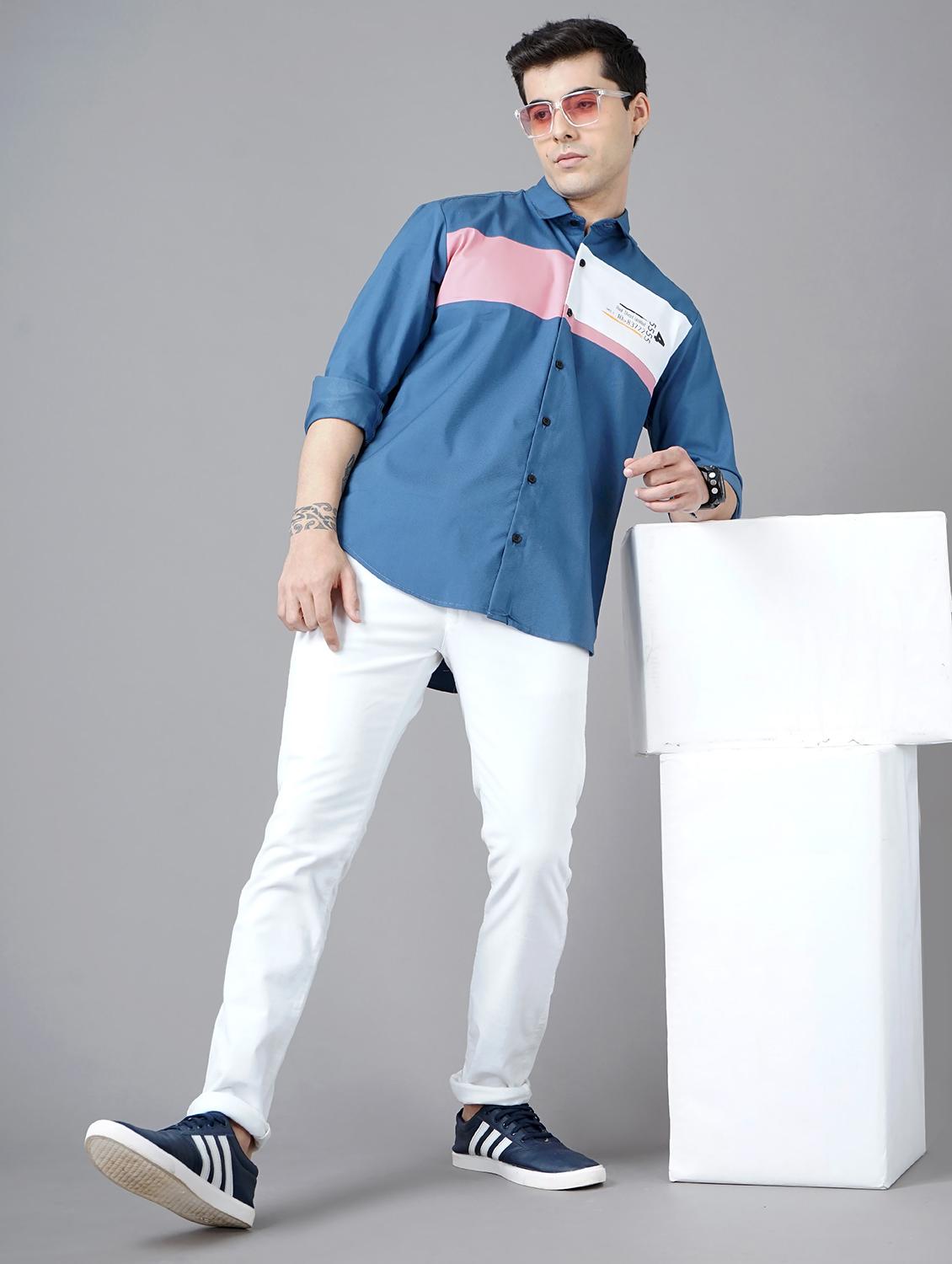 light-blue color-blocked casual shirt - 18325007 - Zoom Image - 4