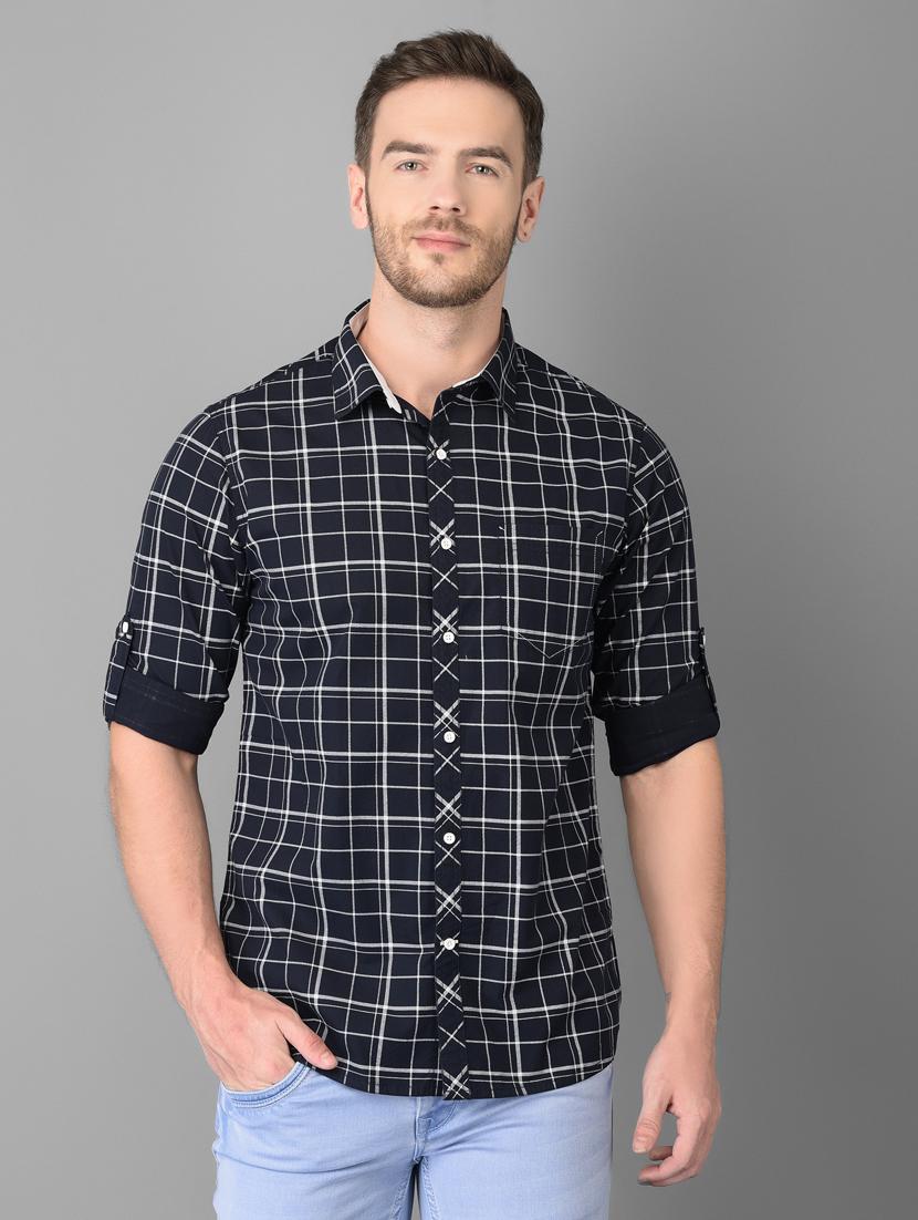 navy blue checkered casual shirt - 18326649 - Zoom Image - 1