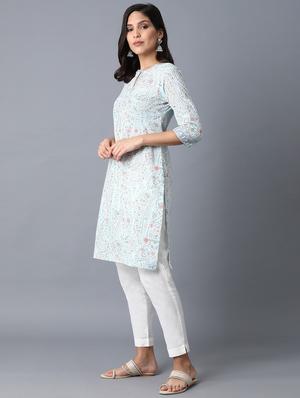 blue floral straight kurta - 18326993 - Standard Image - 2