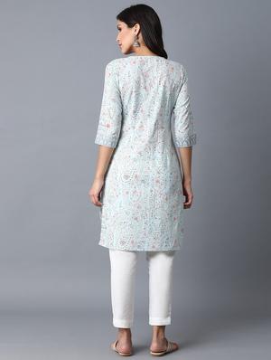 blue floral straight kurta - 18326993 - Standard Image - 3