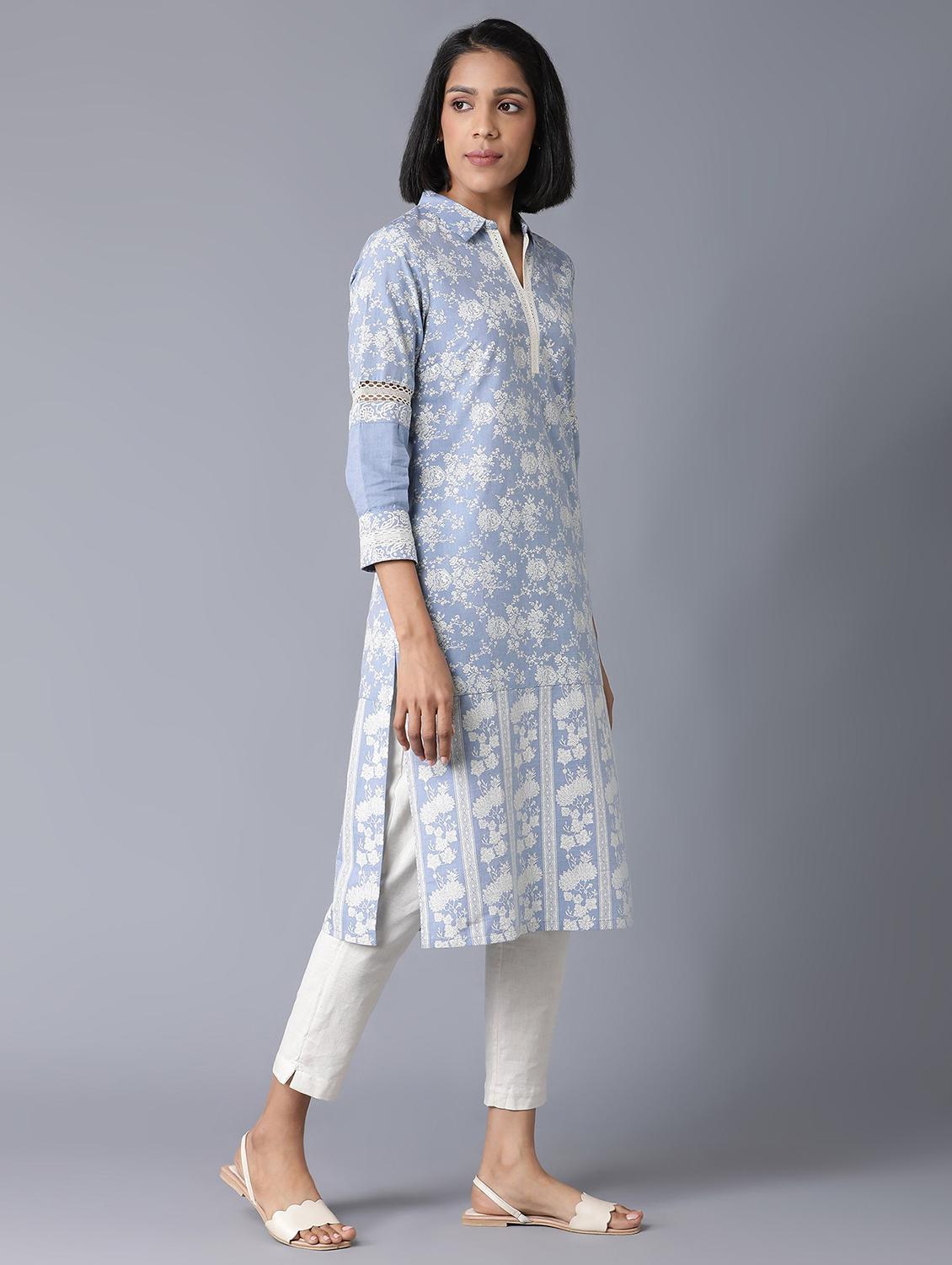 blue floral straight kurta - 18327010 - Zoom Image - 2