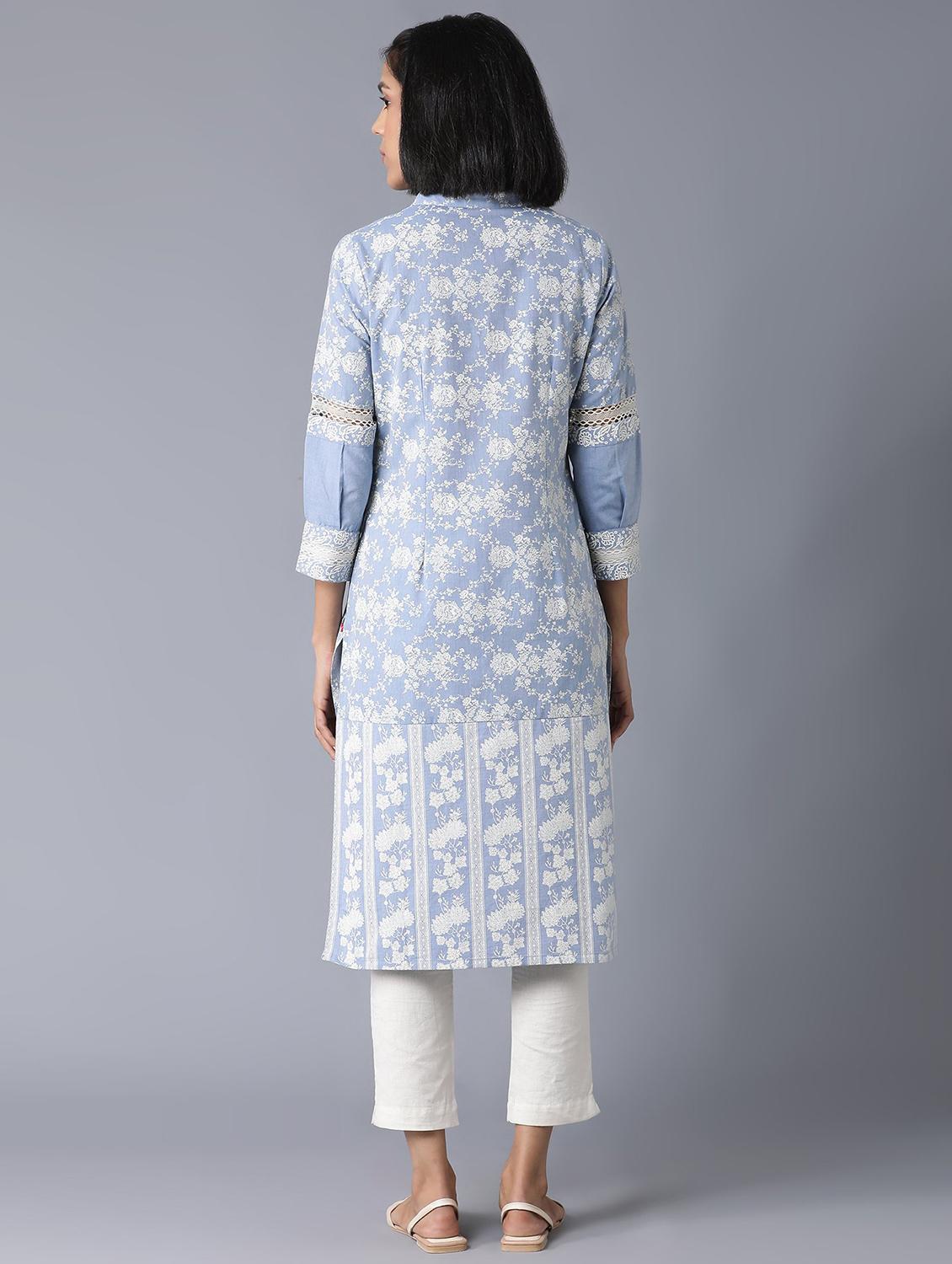 blue floral straight kurta - 18327010 - Zoom Image - 3
