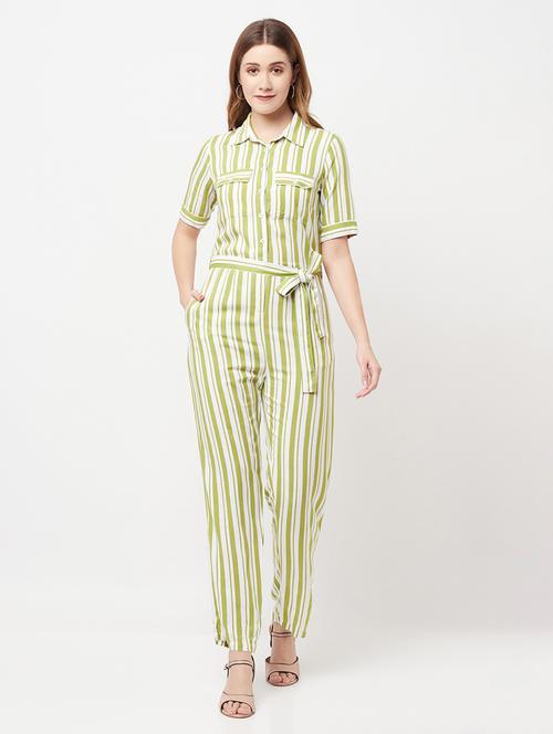 tie front striped full leg jumpsuit - 18328631 - Standard Image - 1
