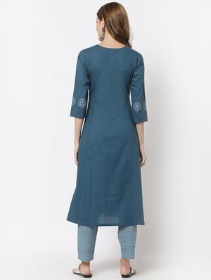 blue cotton kurta pant set - 18333904 - Standard Image - 3