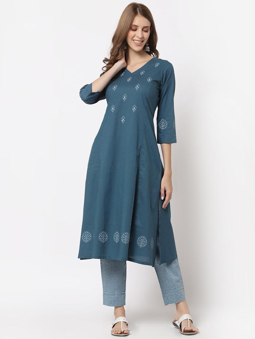 blue cotton kurta pant set - 18333904 - Zoom Image - 1