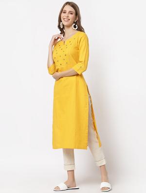 yellow cotton straight kurta - 18333930 - Standard Image - 2