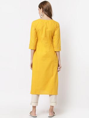 yellow cotton straight kurta - 18333930 - Standard Image - 3