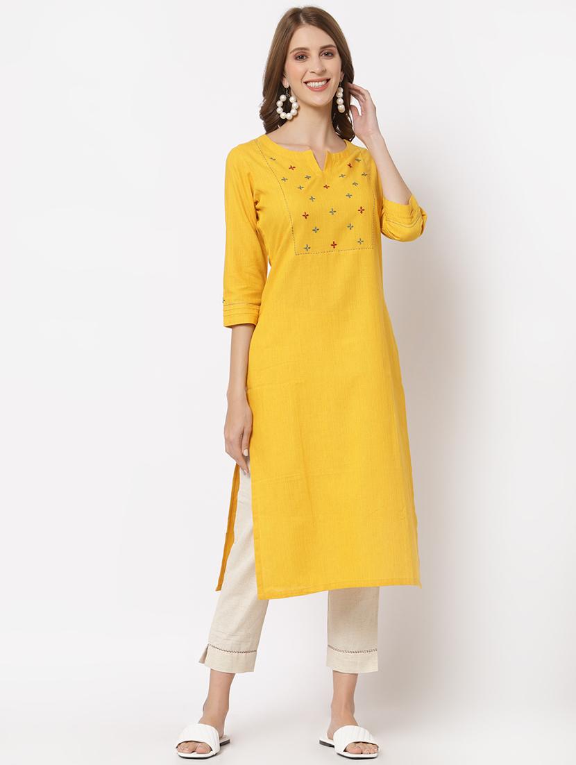 yellow cotton straight kurta - 18333930 - Zoom Image - 1
