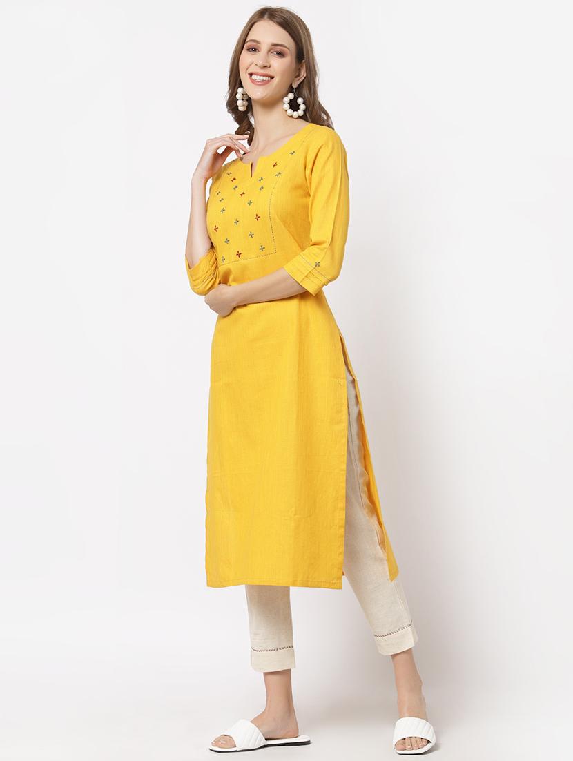 yellow cotton straight kurta - 18333930 - Zoom Image - 2