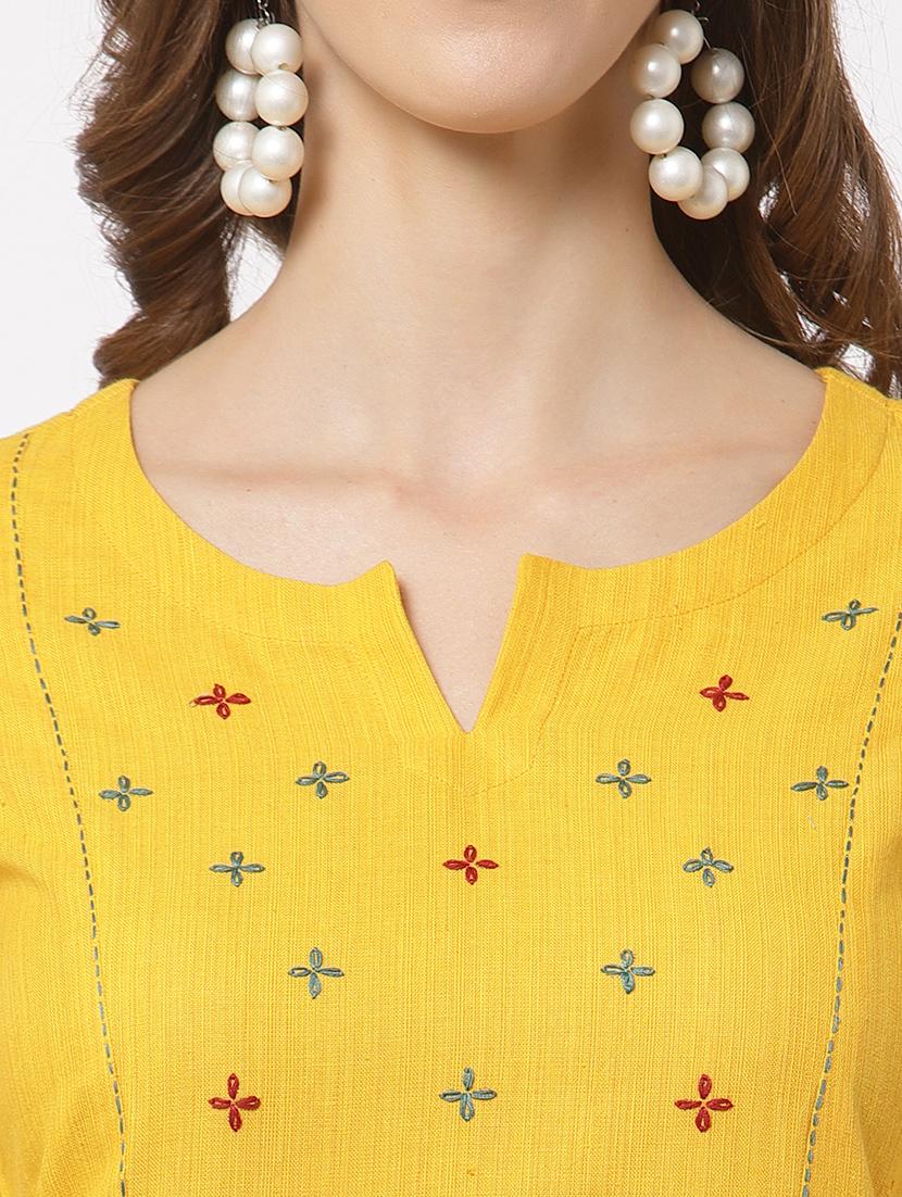 yellow cotton straight kurta - 18333930 - Zoom Image - 4