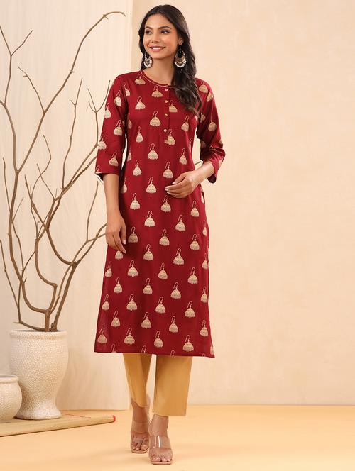 maroon rayon straight kurta - 18334426 - Very Small Image - 1