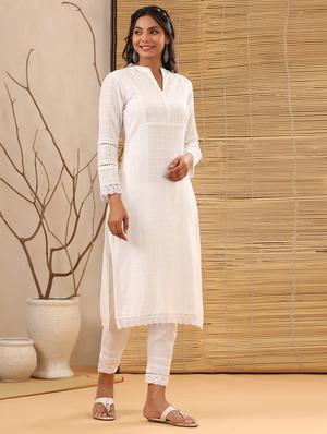 white cotton straight kurta - 18334432 - Standard Image - 2
