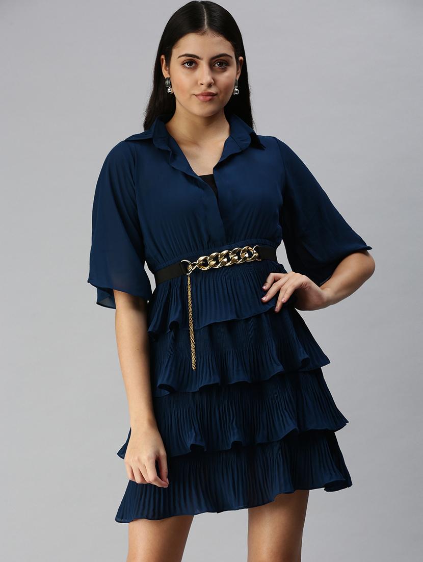 bell sleeved solid tiered dress - 18337313 - Zoom Image - 1