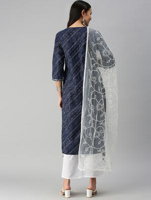 navy cotton blend kurta dupatta set - 18338296 - Standard Image - 3