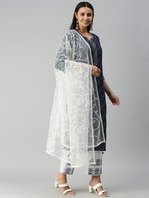 navy cotton blend kurta dupatta set - 18338296 - Standard Image - 4