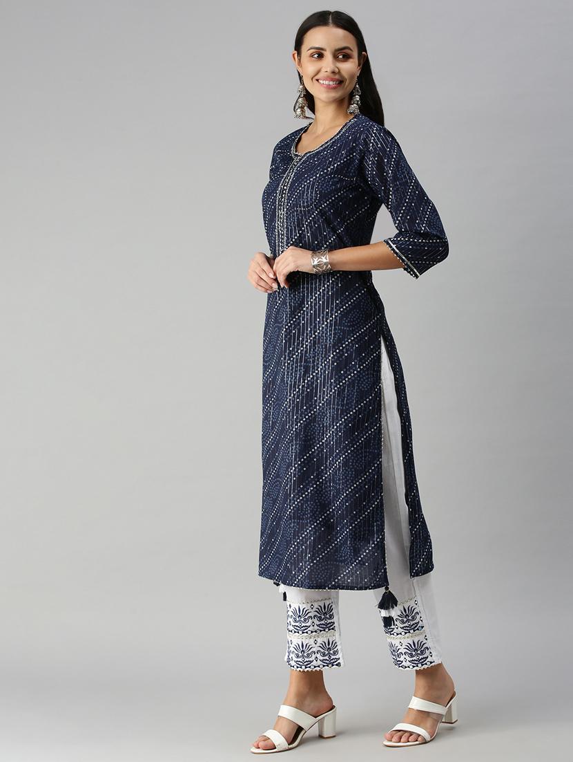 navy cotton blend kurta dupatta set - 18338296 - Zoom Image - 2