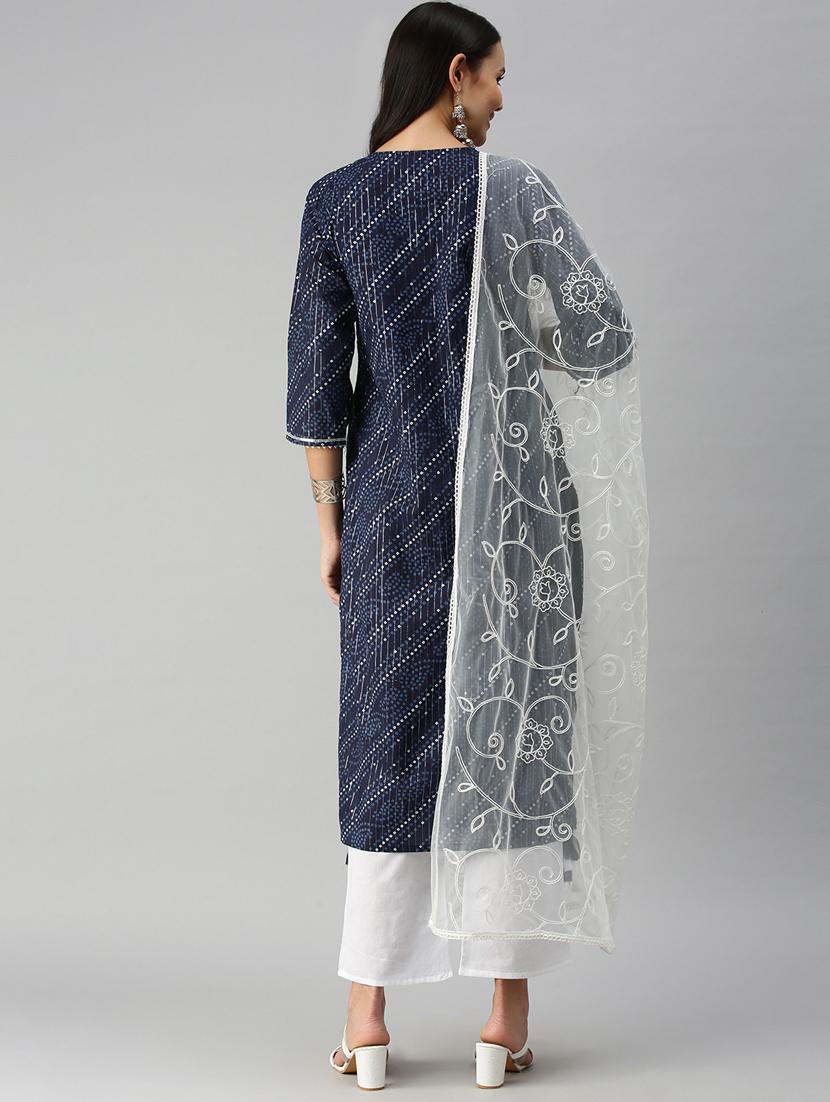 navy cotton blend kurta dupatta set - 18338296 - Zoom Image - 3