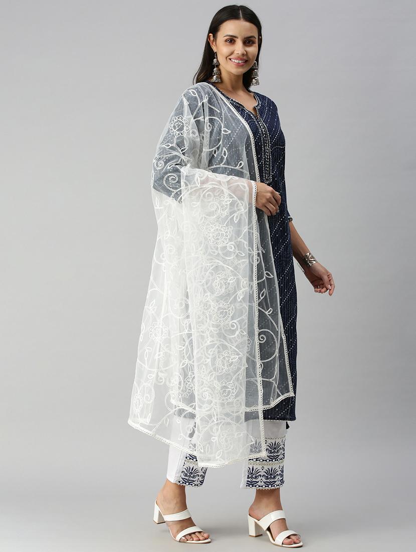 navy cotton blend kurta dupatta set - 18338296 - Zoom Image - 4