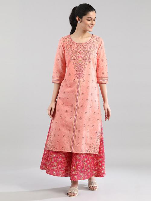 peach cotton straight kurta - 18340132 - Standard Image - 1