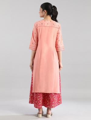 peach cotton straight kurta - 18340132 - Standard Image - 3