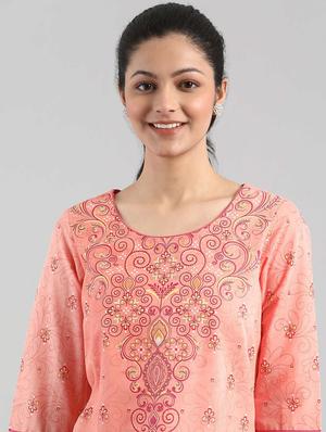 peach cotton straight kurta - 18340132 - Standard Image - 4