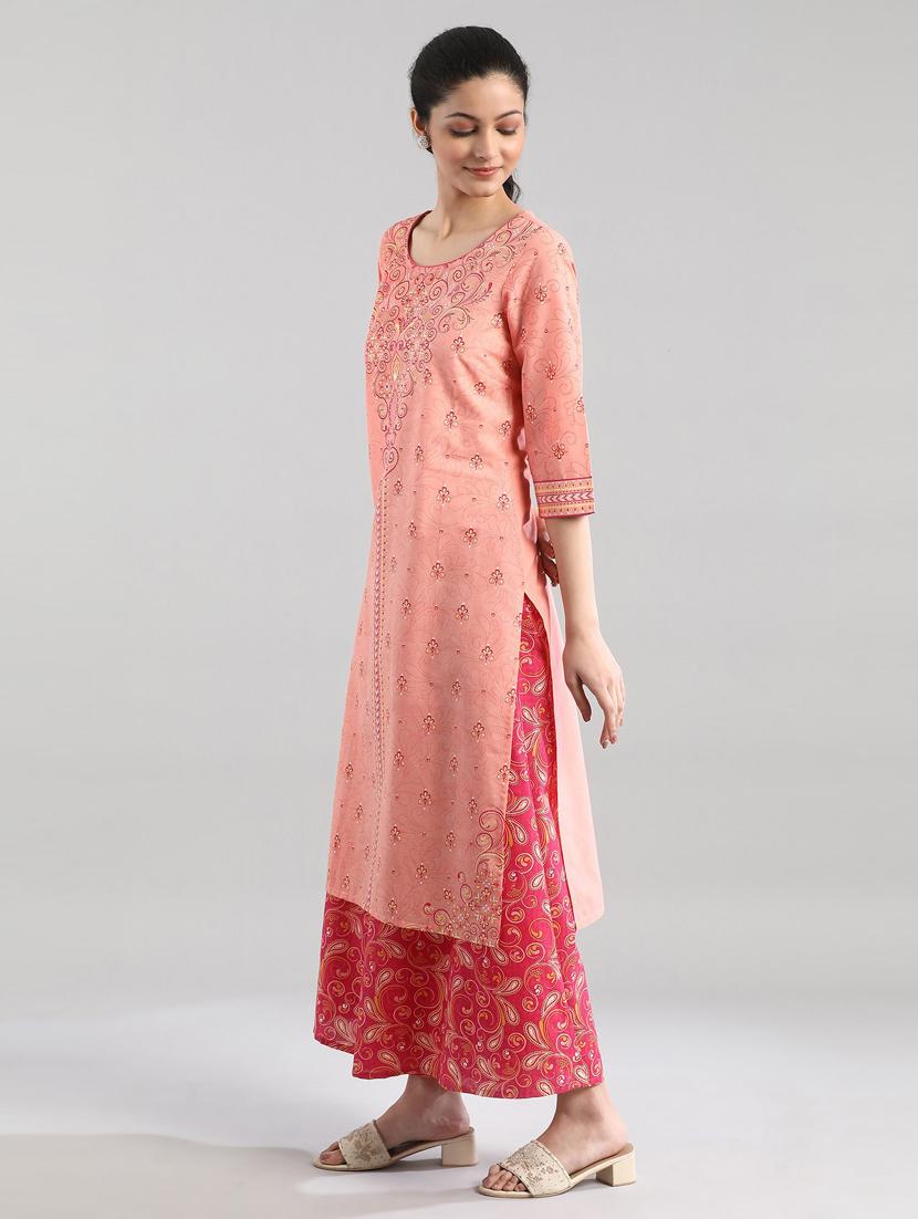 peach cotton straight kurta - 18340132 - Zoom Image - 2