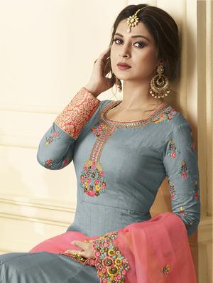 embroidered semi-stitched anarkali suit set - 18341917 - Standard Image - 3