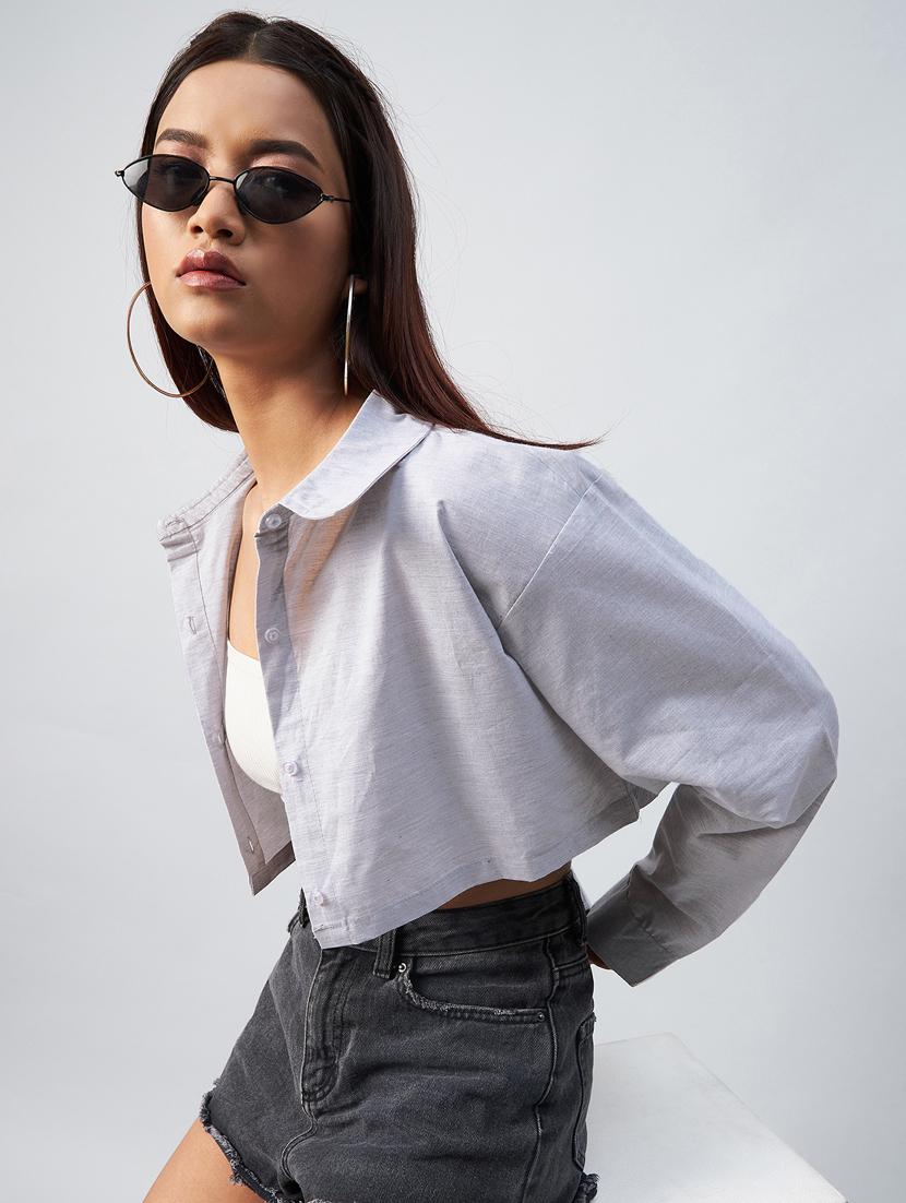 long sleeved solid crop shirt - 18342568 - Zoom Image - 4