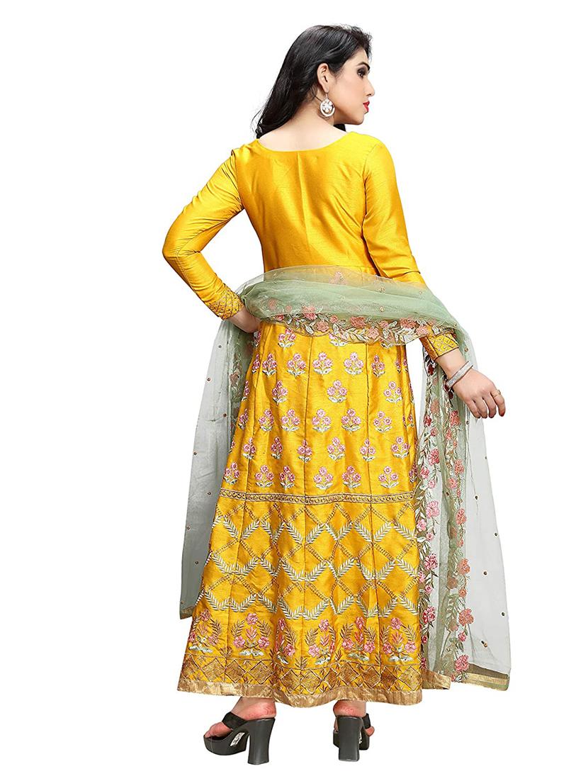 yellow silk anarkali suits semistitched suit - 18344401 - Zoom Image - 3