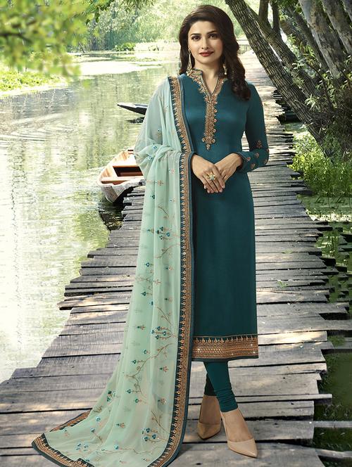 turquoise churidaar suits semi-stitched suit - 18344421 - Standard Image - 1