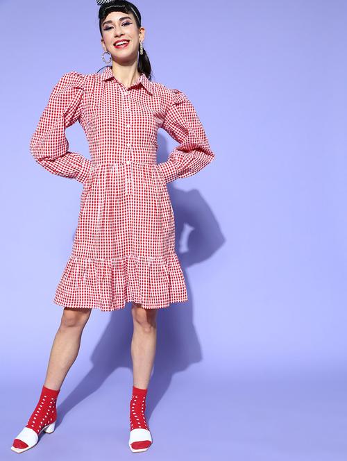 bishop sleeved checkered a-line dress - 18346321 - Standard Image - 1