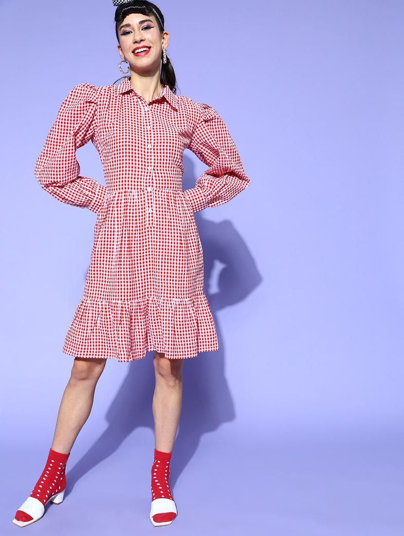 bishop sleeved checkered a-line dress - 18346321 - Zoom Image - 1