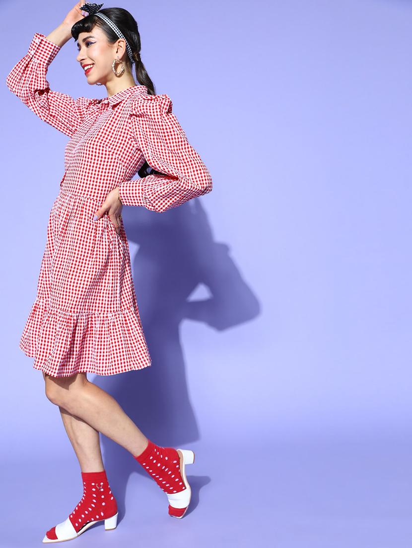 bishop sleeved checkered a-line dress - 18346321 - Zoom Image - 2