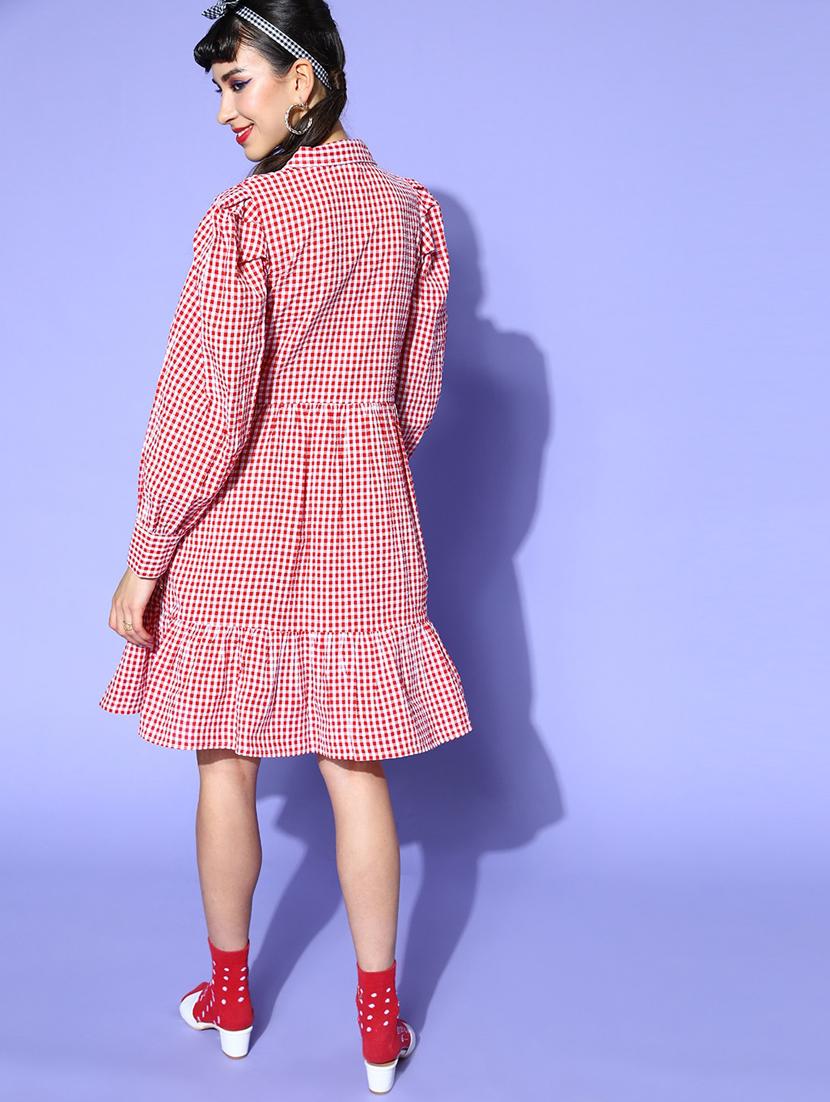 bishop sleeved checkered a-line dress - 18346321 - Zoom Image - 3
