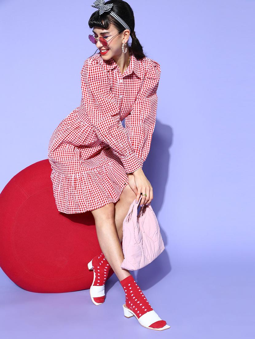 bishop sleeved checkered a-line dress - 18346321 - Zoom Image - 4