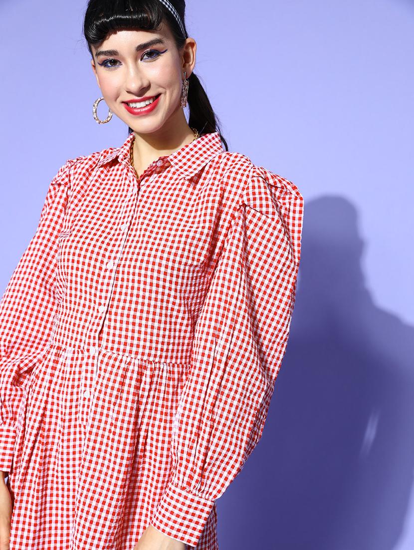 bishop sleeved checkered a-line dress - 18346321 - Zoom Image - 5