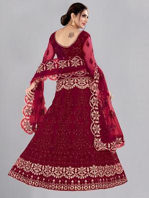 maroon net flared lehenga - 18346625 - Standard Image - 3