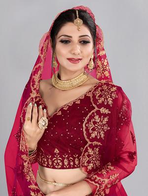 maroon net flared lehenga - 18346625 - Standard Image - 4