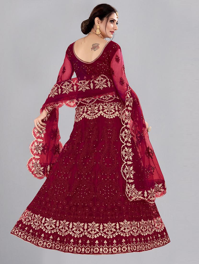 maroon net flared lehenga - 18346625 - Zoom Image - 3