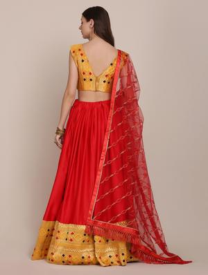 red embroidered flared lehenga - 18346652 - Standard Image - 3
