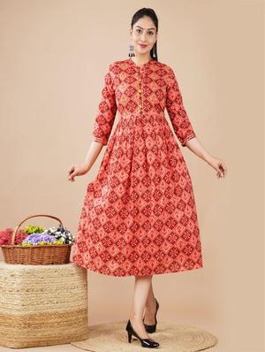 mandarin neck printed a-line dress - 18346872 - Standard Image - 2